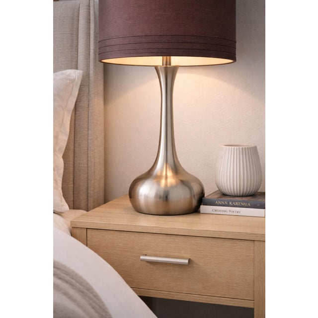 Contemporary Pair of Contemporary Brushed Nickel Table Lamps With Original Chocolate Brown Drum Shades – 23” For Sale - Image 3 of 8