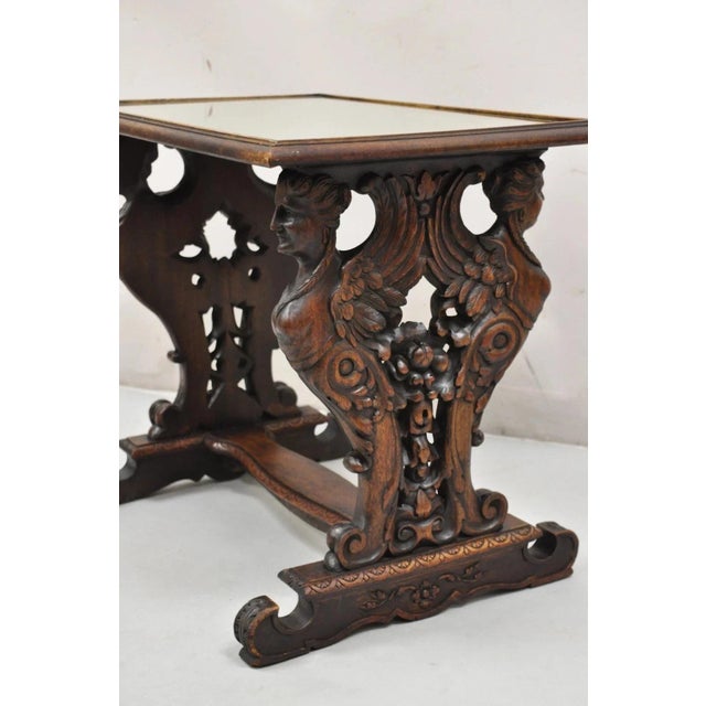 Antique Renaissance Revival Carved Winged Maiden Walnut Mirror Top Side Table For Sale - Image 11 of 11