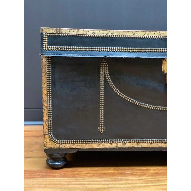 19th Century Vintage Trade Large Leather & Brass Trunk For Sale - Image 4 of 12