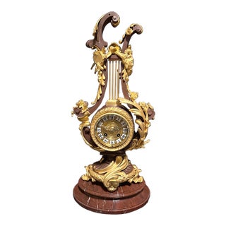 1840-1860 French Bronze Lyre Clock Louis XVI Style, Bronze/Marble For Sale