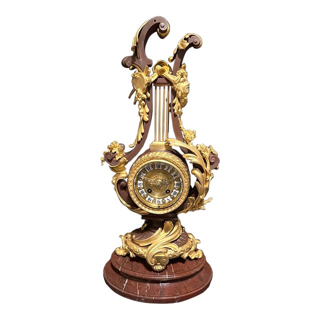 1840-1860 French Bronze Lyre Clock Louis XVI Style, Bronze/Marble For Sale