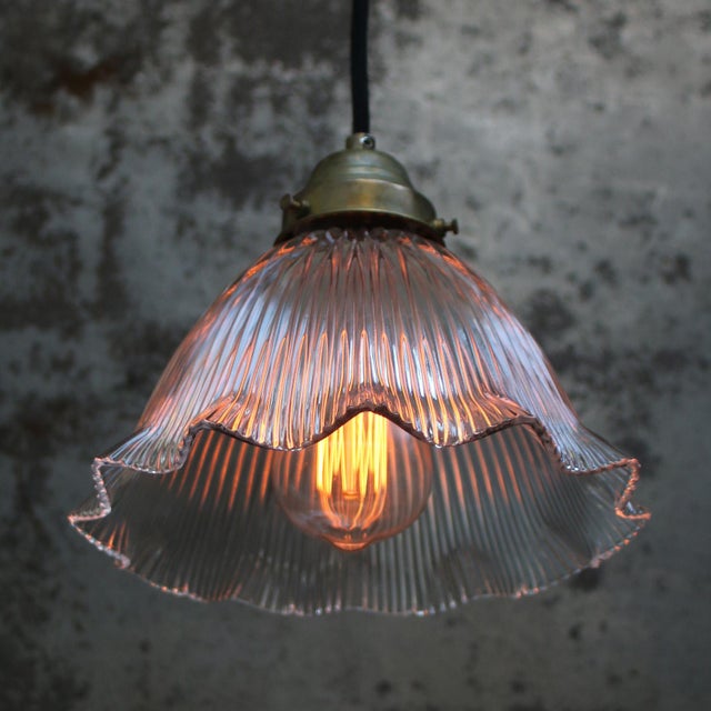 Mid-Century Modern Vintage French Holophane Clear Pressed Glass Pendant Light For Sale - Image 3 of 7