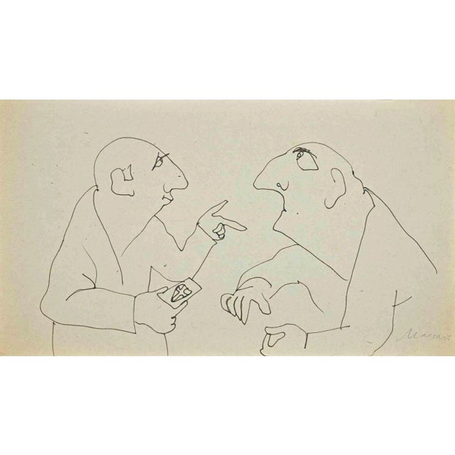 Mino Maccari, The Conversation, Original Drawing, Mid-20th-Century For Sale