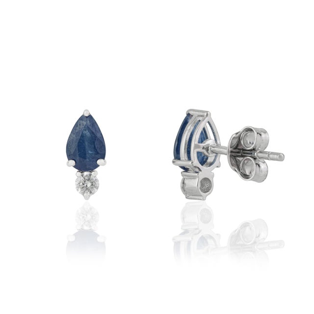 Metal Minimalist 1.08ct Pear-Cut Blue Sapphire & Diamond Stud Earrings 14k Gold- A Pair For Sale - Image 7 of 15