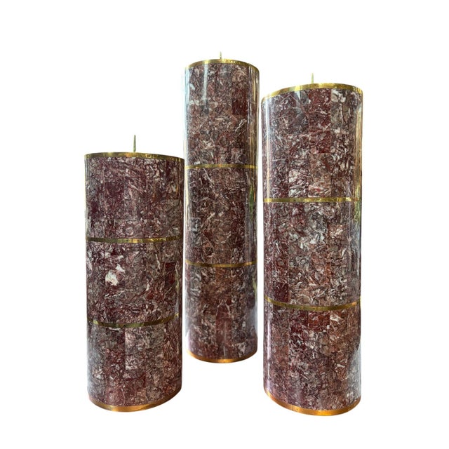 3 Maitland-Smith Tessellated Rosso Levanto Marble & Brass Candle Holders, 1980’s. All 3 are in amazing condition. As seen...