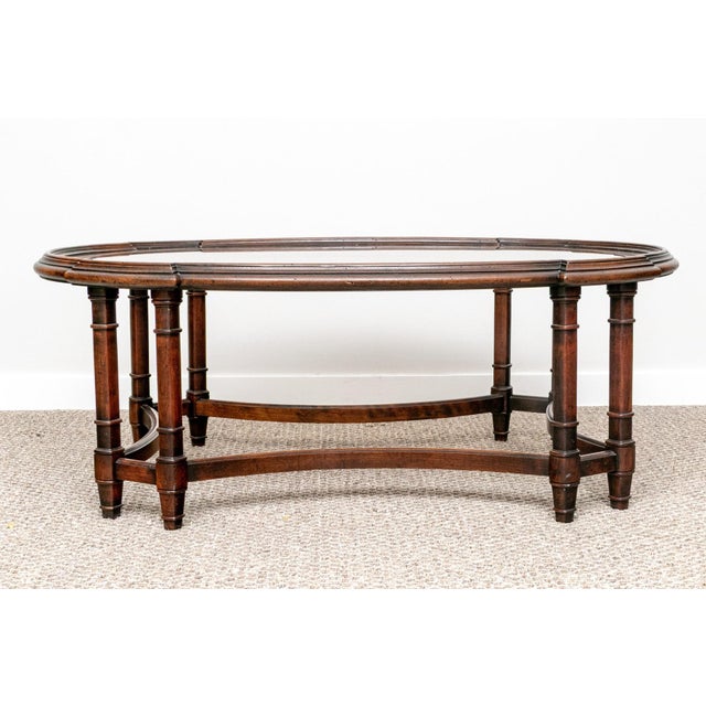 English 1970s Regency Revival Oval Figured Wood & Beveled Glass Coffee Table With Faux Bamboo Legs For Sale - Image 3 of 5