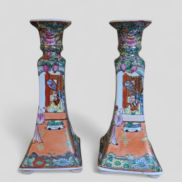 Vintage Chinoiserie Rose Medallion Porcelain Hand Painted Candle Holders -a Pair For Sale - Image 12 of 12