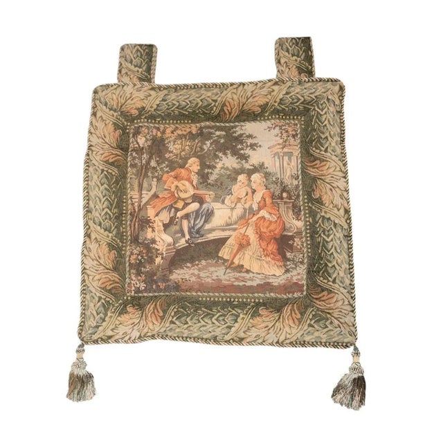Set of two large vintage French-style tapestry wall hangings, each richly woven with romantic Rococo-inspired scenes: •...