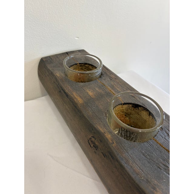 Brown Vintage Rustic Wooden Candle Holder With Glass Inserts For Sale - Image 8 of 10