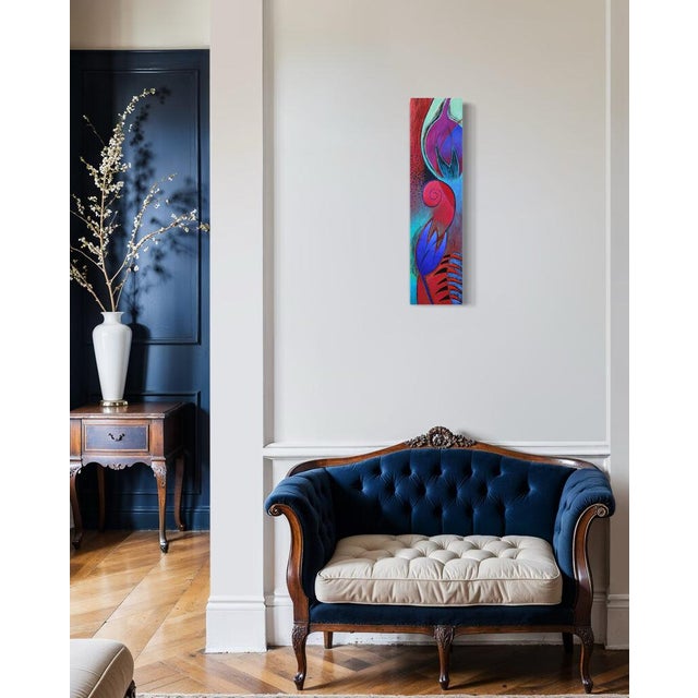 Two buds, one violet and one cobalt, sit one above the other on this tall panel, joined by a magenta spiral at the center....
