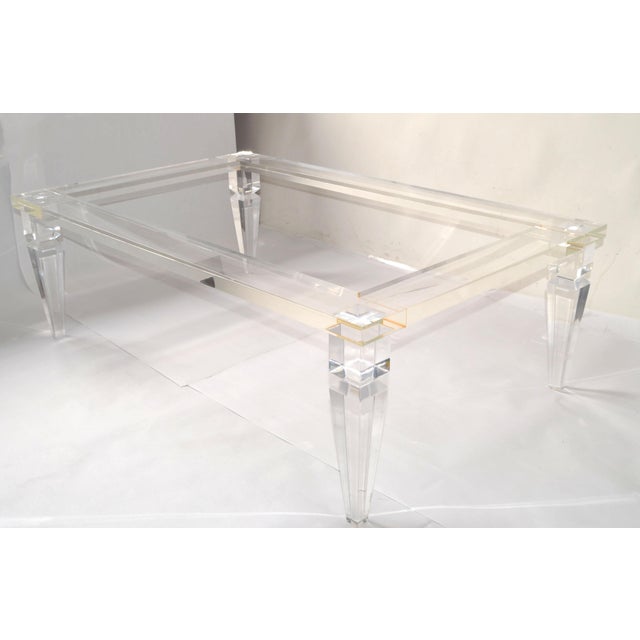 1970s Charles Hollis Jones Style Beveled Glass Lucite Rectangle Coffee Table Palm Beach Regency For Sale - Image 12 of 12