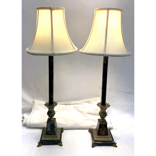 Vintage French Tole and Brass Candlestick Lamps With Pineapple Motif- A Pair For Sale - Image 14 of 18