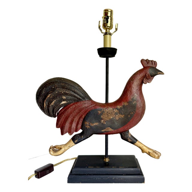 Vintage Rustic Folk Art Rooster Table Lamp For Sale