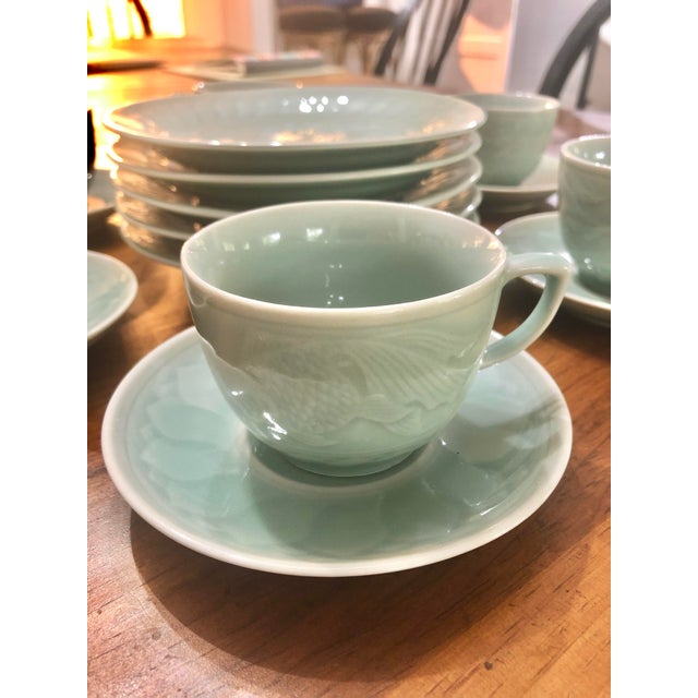 Vintage Longquan Style Celadon Koi Fish China Set- 18 Pieces For Sale - Image 4 of 10