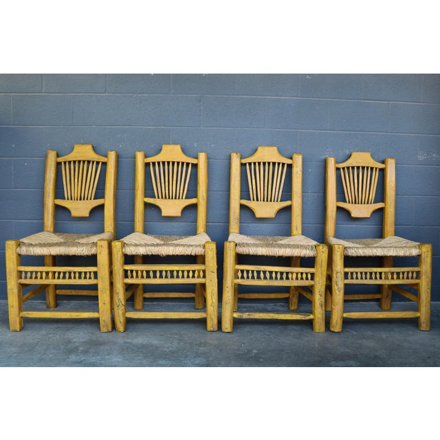 Vintage Southwestern Wood and Rush Seat Rustic Mexican Dining Chairs