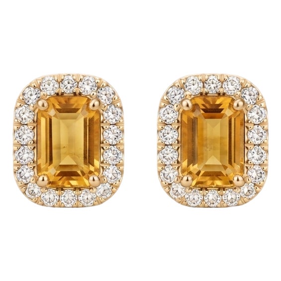 Natural Citrine Stud Earrings | Dainty Gemstone Halo Cluster Studs | November Birthstone Gift for Her - A Pair For Sale