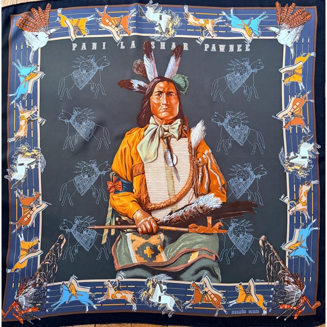 Figurative HERMÈS PANI la SHAR Pawnee Silk Scarf 26x26 inches 2005 designed by Kermit Oliver For Sale - Image 3 of 10