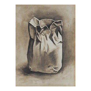 Early 20th Century Grisaille Still Life Watercolor Painting of Paper Bag For Sale