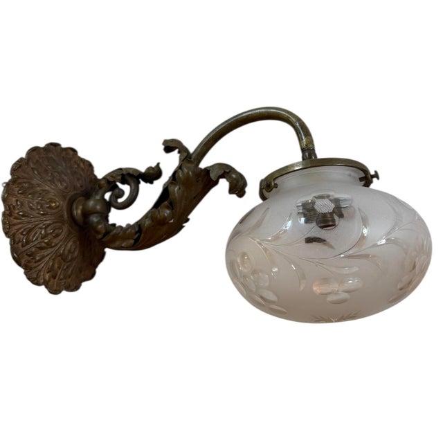 Art Nouveau Circa 1910’s Long Arm Wall Sconce With Flower, Leaf and Starburst Etched Globe Shade For Sale - Image 3 of 5