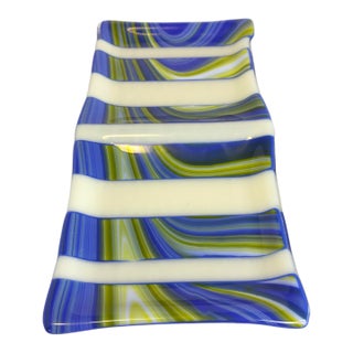 Vintage Fused Rectangular Wavy Striped Art Glass Plate Tray For Sale