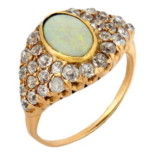 Early 20th Century Victorian Opal Diamond 14k Yellow Gold Ring, Size 4.25 For Sale
