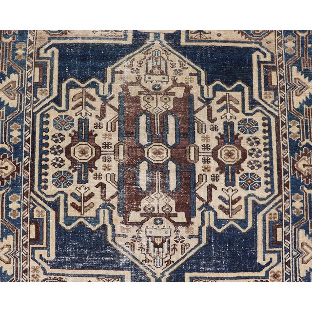 Early 20th Century Persian Antique Hamadan Rug in Blue With a Medallion and Geometric Design 4'4 X 6'9 For Sale - Image 5 of 6