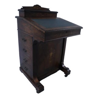 Mid 19th Century Beautiful Antique Rosewood Marquetry Writing Desk With Dual Flip Tops, Drawers & Wheels For Sale