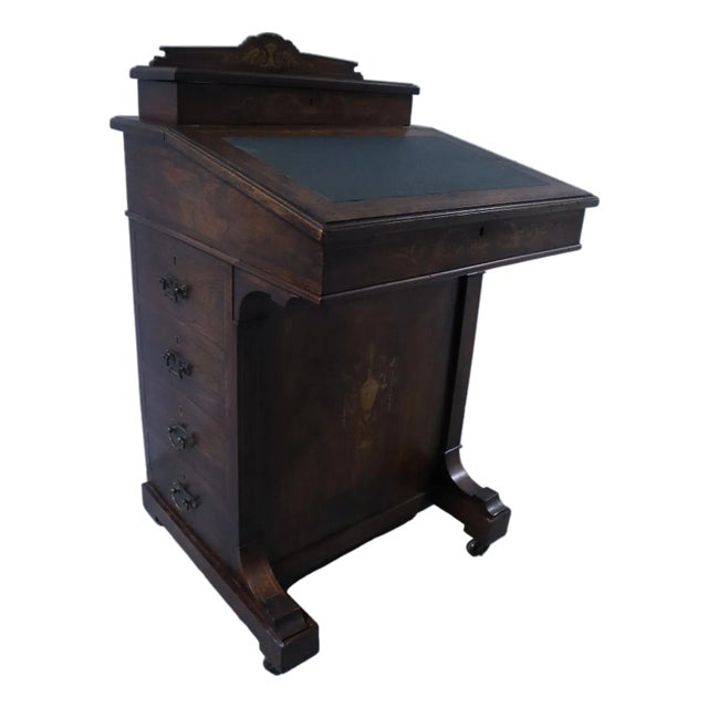 Mid 19th Century Beautiful Antique Rosewood Marquetry Writing Desk With Dual Flip Tops, Drawers & Wheels For Sale