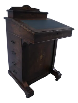 Mid 19th Century Beautiful Antique Rosewood Marquetry Writing Desk With Dual Flip Tops, Drawers & Wheels