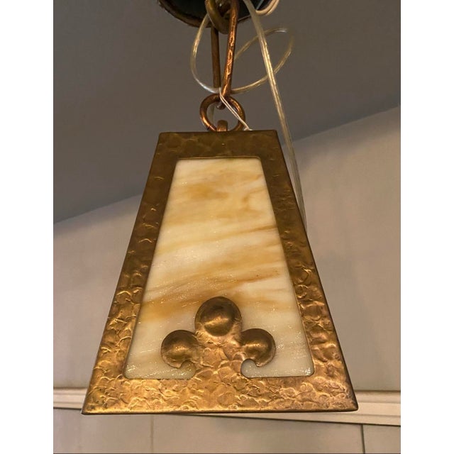 Brass Vintage Arts & Crafts Hammered Metal & Stained Glass Light Pendant For Sale - Image 8 of 10