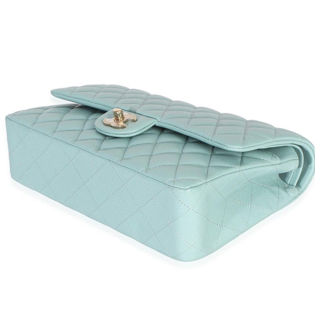 Green Mint Quilted Caviar Medium Classic Double Flap Handbag For Sale - Image 8 of 9