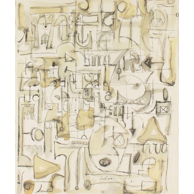 A 1961 abstract ink and watercolor painting by the American artist Harry Hilson (1935-2004). In muted shades of beige,...