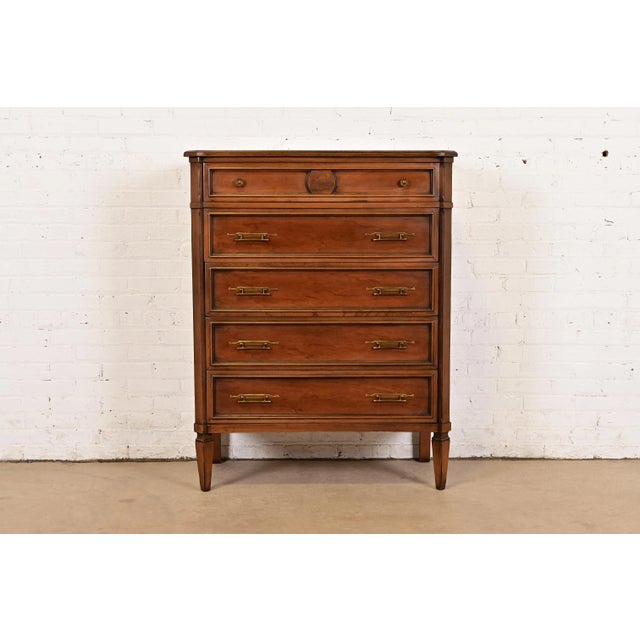 Kent Coffey French Regency Louis XVI Carved Cherry and Burl Wood Highboy Dresser, Circa 1960s For Sale - Image 16 of 16