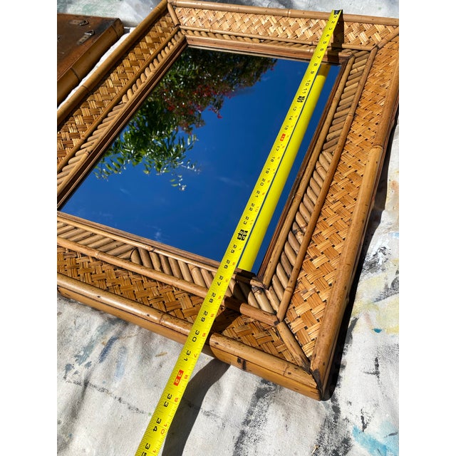 Brown Pair of Vintage Woven Bamboo & Rattan Wall Mirrors — Tropical Coastal Hollywood Regency, 30" X 24" For Sale - Image 8 of 9