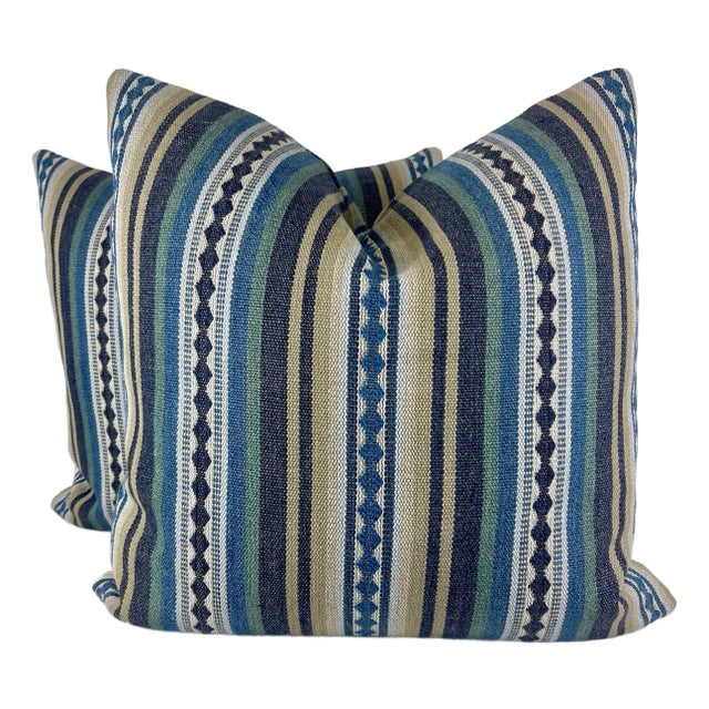 Lee Jofa "Dalton Stripe" in Indigo/Teal 22" Pillows-A Pair For Sale