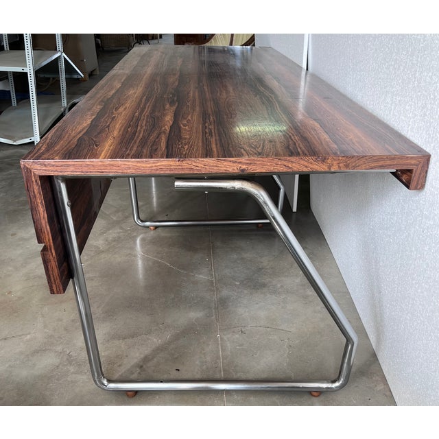 Large Varnished Wood Executive Desk, in the Style of Florence Knoll For Sale - Image 6 of 12