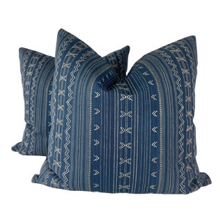 Thibaut "Charter Stripe Embroidery" in Navy 22" Pillows-A Pair For Sale