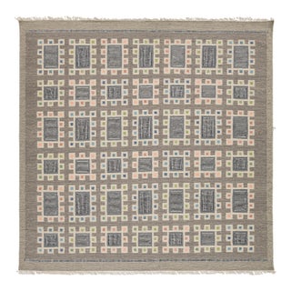 10x10 Modern Scandinavian Swedish Style Wool Rug in Charcoal, Sage, and Pastels For Sale