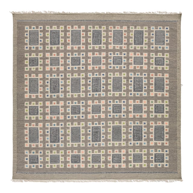10x10 Modern Scandinavian Swedish Style Wool Rug in Charcoal, Sage, and Pastels For Sale