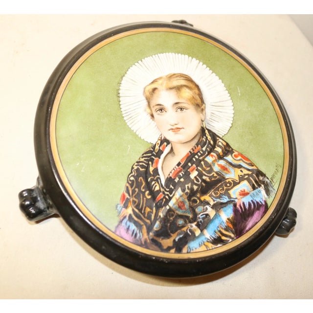 Ceramic Antique Hand Painted Figural Realism Portrait Porcelain Footed Trivet Stand For Sale - Image 7 of 11