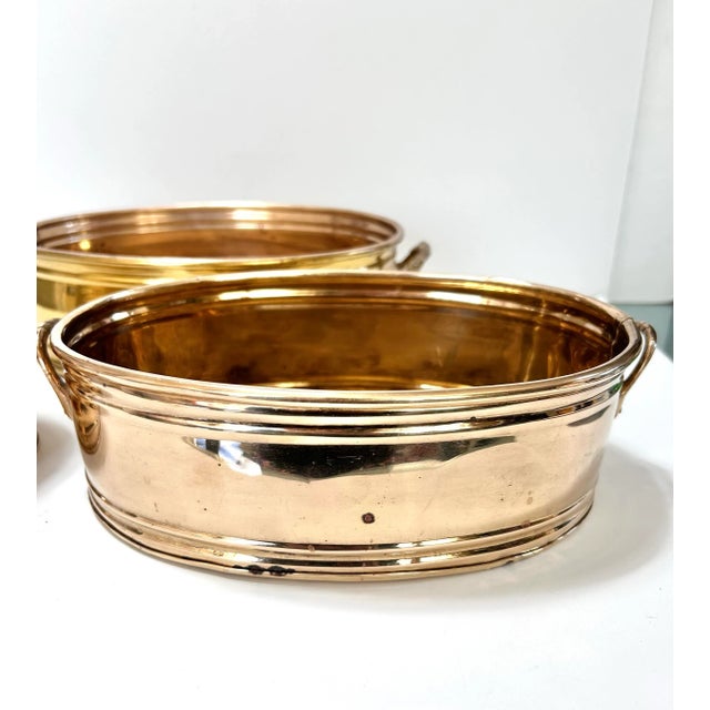English Vintage Brass Cachepot Planters Set of 3 Oval Tiered Brass Planters For Sale - Image 3 of 10