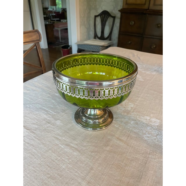 Late 19th Century Antique English Green Glass and Pierced Silverplate Pedestal Bowl/Compote For Sale - Image 4 of 10