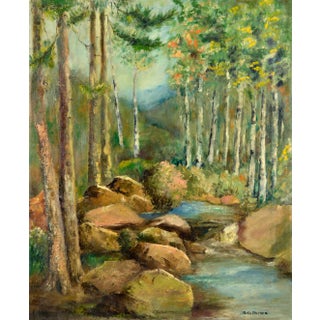Mid Century Forest Stream Landscape With Birch Trees and Boulders by Portia Barnes For Sale