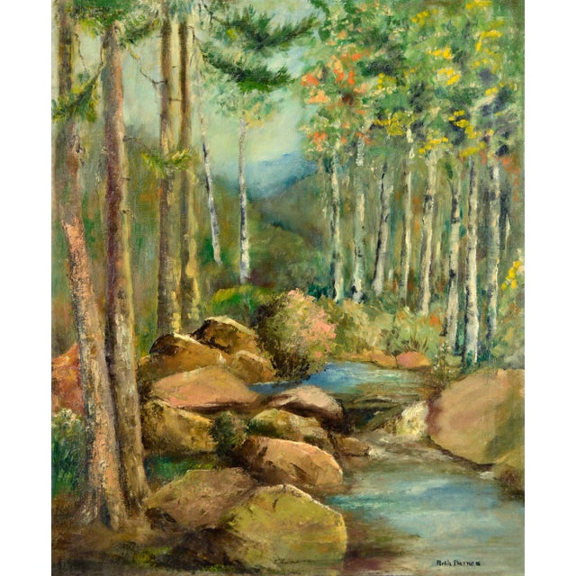 Mid Century Forest Stream Landscape With Birch Trees and Boulders by Portia Barnes For Sale