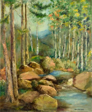Mid Century Forest Stream Landscape With Birch Trees and Boulders by Portia Barnes