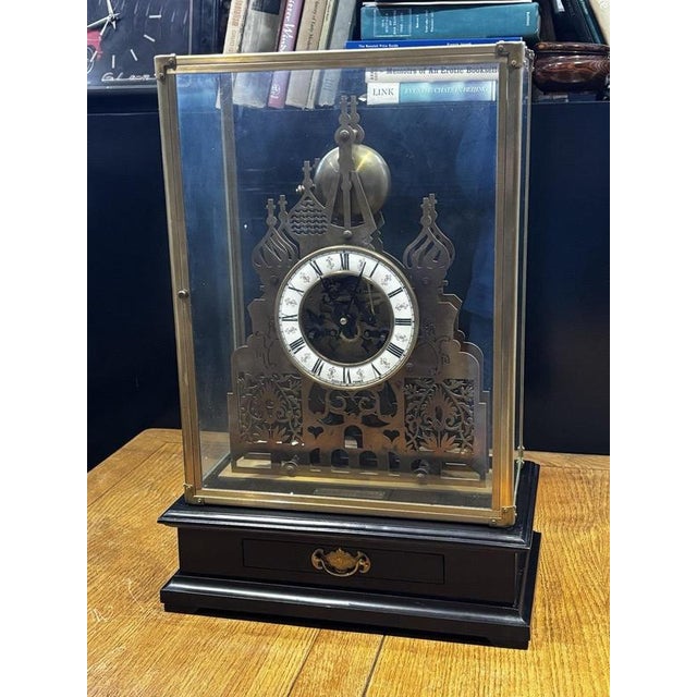 Large Architectural Brass Cathedral Skeleton Clock with Case and Key For Sale - Image 5 of 18