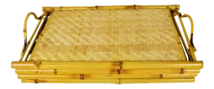 Vintage Mid Century Woven Rattan Stacking Serving Tiki Trays With Handles - Set of 4