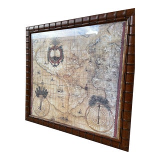 Vintage Winn Devon "Nova Totius" Framed Decorative Map Print in Faux Bamboo Wood Frame | British Colonial Coastal Wall Art For Sale