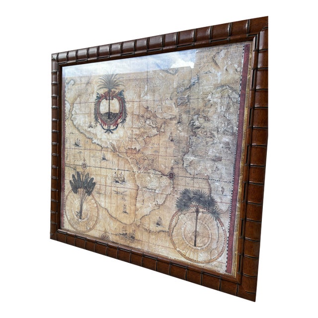 Vintage Winn Devon "Nova Totius" Framed Decorative Map Print in Faux Bamboo Wood Frame | British Colonial Coastal Wall Art For Sale