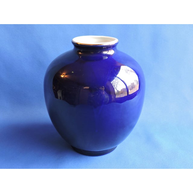 1960's Kutani Ware Japanese Porcelain Cobalt Blue Round Vase Hand